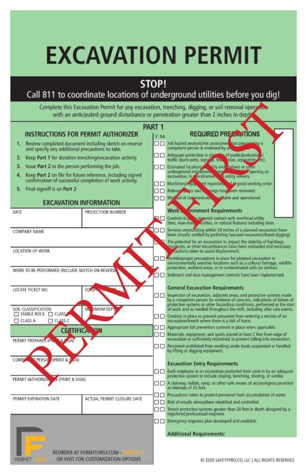 Completed excavation permit with stamps and markings indicating authorization