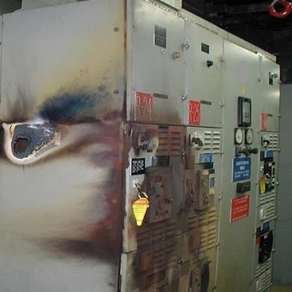 Scorched electrical panel highlighting the need for energized electrical work safety permits